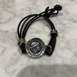 Sterling Silver Bezel Set Double Sided
Greek Coin Bracelet on Black Leather